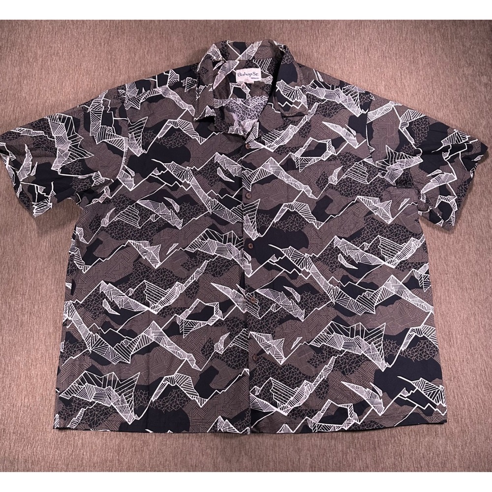 Bishop St. Mens Hawaiian Shirt 5XL‎ Black Grey Mountain Print Cotton Hawaii